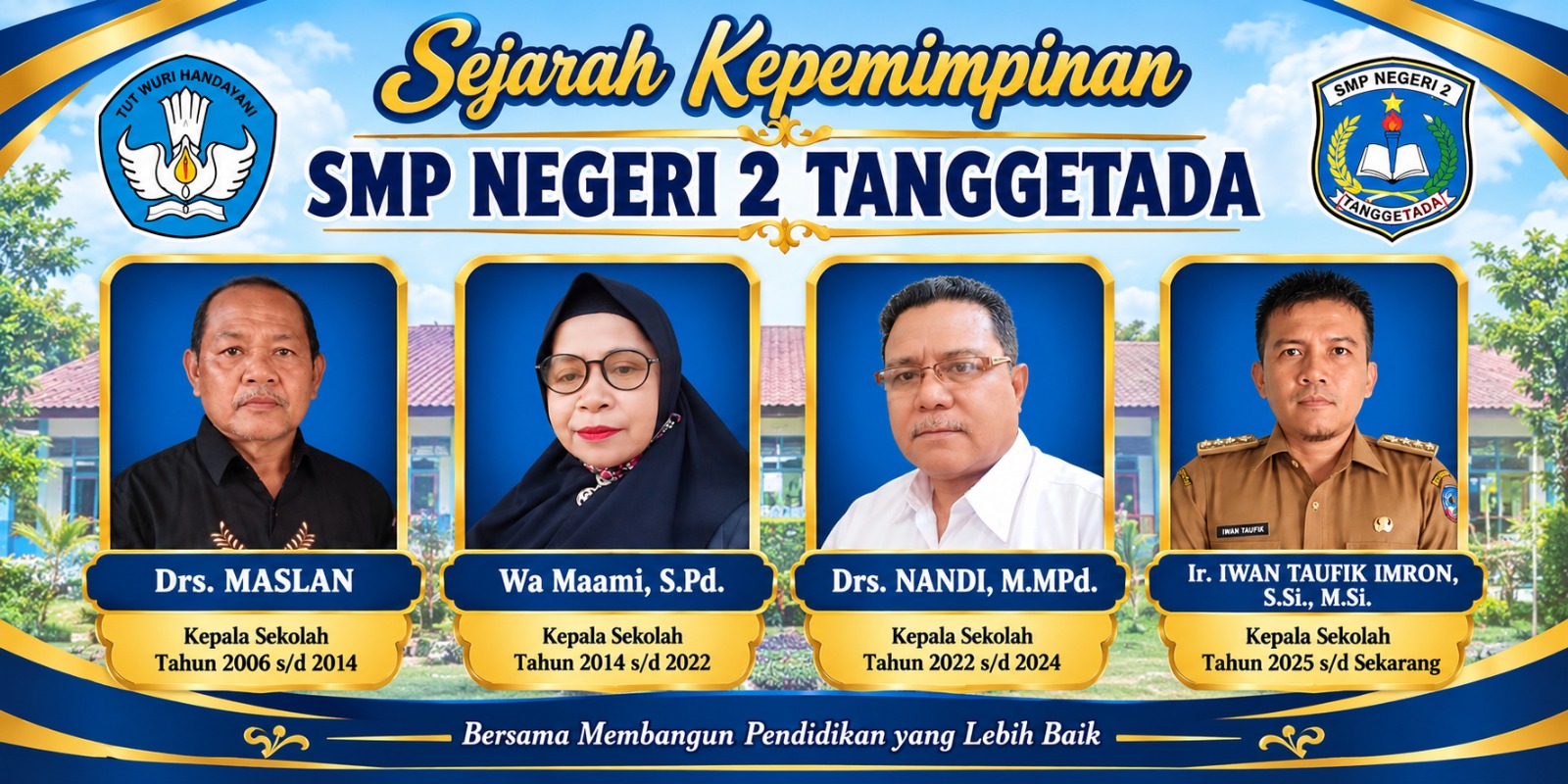 Sejarah Kepemimpinan SMP Negeri 2 Tanggetada - Drs. Maslan, Wa Maami S.Pd, Drs. Nandi M.MPd, Ir. Iwan Taufik Imron S.Si M.Si